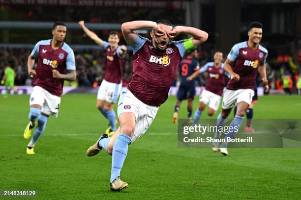 John McGinn of Aston Villa celebrates scoring his team's second goal during the UEFA Europa Conference League 2023/24 Quarter-final first leg match...