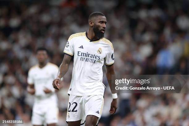 Antonio Rudiger of Real Madrid CF in action during the UEFA Champions League quarter-final first leg match between Real Madrid CF and Manchester City...