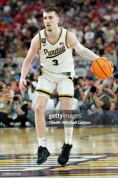 Braden Smith of the Purdue Boilermakers dribbles the ball during the NCAA Mens Basketball Tournament Final Four semifinal game against the North...