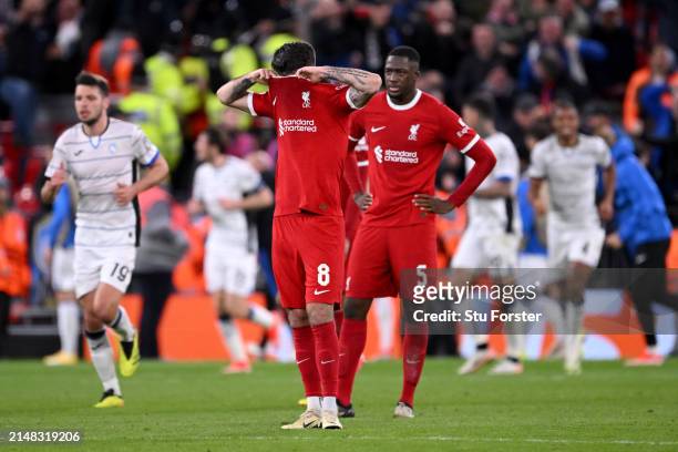 Dominik Szoboszlai of Liverpool reacts after Mario Pasalic of Atalanta BC scores his team's third goal during the UEFA Europa League 2023/24...