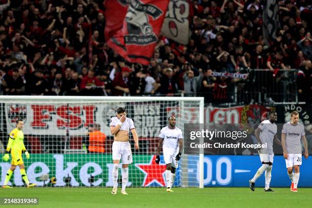 Konstantinos Mavropanos of West Ham United reacts after Jonas Hofmann of Bayer Leverkusen scores his team's first goal during the UEFA Europa League...