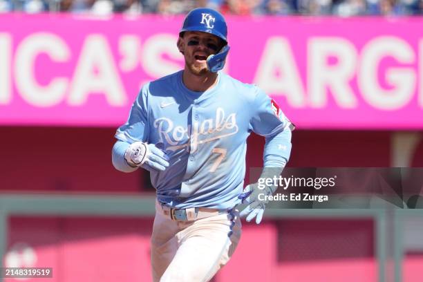Bobby Witt Jr. #7 of the Kansas City Royals runs the bases after hitting a three-run home run in the seventh inning against the Houston Astros at...