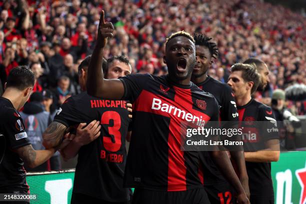 Victor Boniface of Bayer Leverkusen celebrates scoring his team's second goal during the UEFA Europa League 2023/24 Quarter-Final first leg match...