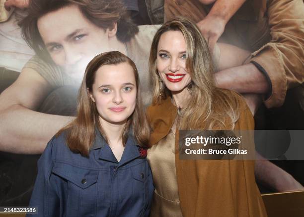 Vivienne Jolie-Pitt and Angelina Jolie attend the opening night of "The Outsiders" at The Bernard B. Jacobs Theatre on April 11, 2024 in New York...