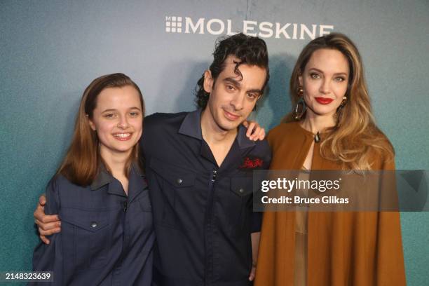 Vivienne Jolie-Pitt, Justin Levine and Angelina Jolie attend the opening night of "The Outsiders" at The Bernard B. Jacobs Theatre on April 11, 2024...