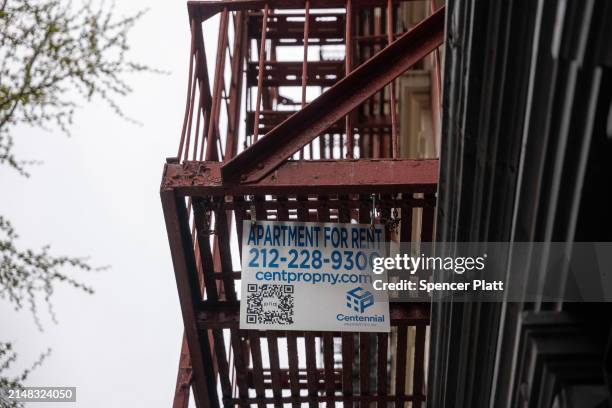 Sign advertising units for rent is displayed outside of a Manhattan building on April 11, 2024 in New York City. As consumer inflation remained high...