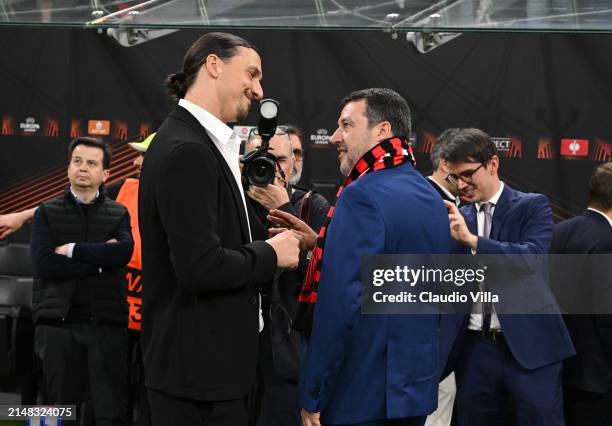 Zlatan Ibrahimovic of AC Milan and Matteo Salvini attend before the UEFA Europa League 2023/24 Quarter-Final first leg match between AC Milan and AS...