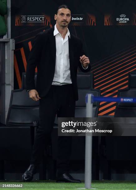 Zlatan Ibrahimovic looks on prior to kick off in the UEFA Europa League 2023/24 Quarter-Final first-leg match between AC Milan and AS Roma at Stadio...