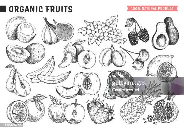 set mit frischen früchten - beere obst stock-grafiken, -clipart, -cartoons und -symbole