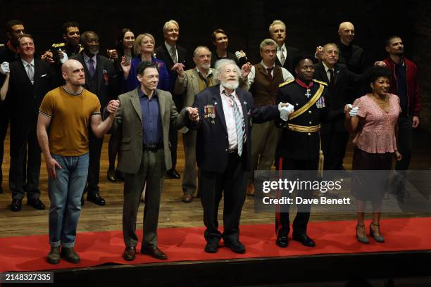 Samuel Edward-Cook, Richard Coyle, Sir Ian McKellen, Toheeb Jimoh and Clare Perkins bow at the curtain call during the press night performance of...