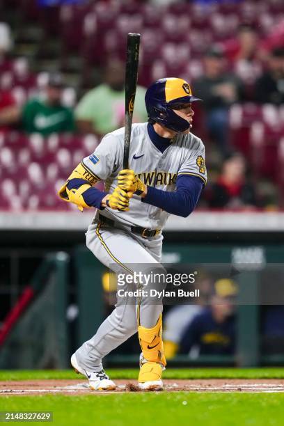 Christian Yelich of the Milwaukee Brewers hits a home run in the first inning against the Cincinnati Reds at Great American Ball Park on April 10,...
