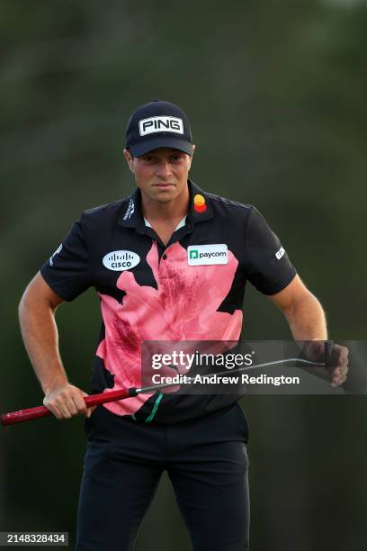 Viktor Hovland of Norway lines up a putt on the 18th green during the first round of the 2024 Masters Tournament at Augusta National Golf Club on...