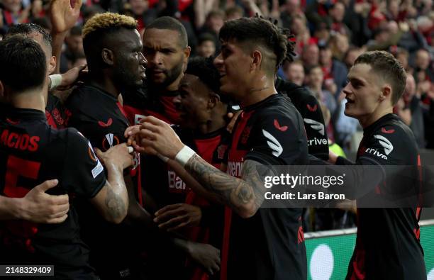 Victor Boniface of Bayer Leverkusen celebrates with team mates after scoring his teams second goal during the UEFA Europa League 2023/24...