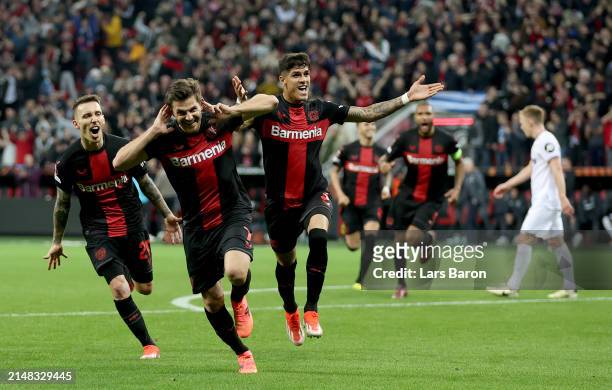 Jonas Hofmann of Bayer Leverkusen celebrates with team mates after scoring his teams first goal during the UEFA Europa League 2023/24 Quarter-Final...