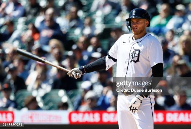 Parker Meadows of the Detroit Tigers during an at-bat against the Oakland Athletics during the first inning at Comerica Park on April 7, 2024 in...