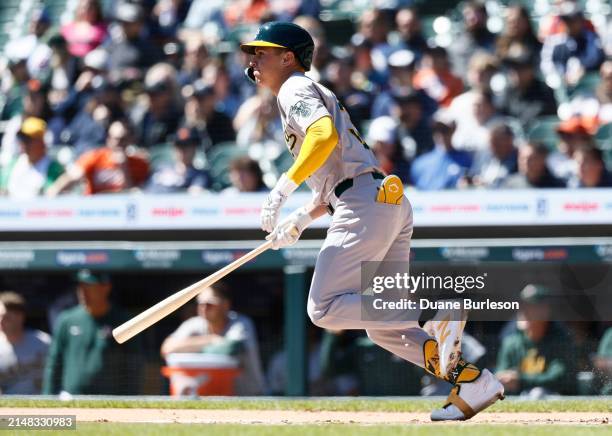 Bleday of the Oakland Athletics breaks for first base with an RBI-singe against the Detroit Tigers during the first inning at Comerica Park on April...