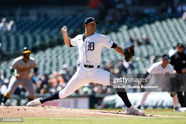 Jack Flaherty of the Detroit Tigers pitches against the Oakland Athletics during the first inning at Comerica Park on April 7, 2024 in Detroit,...