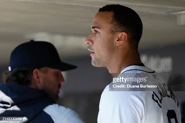 Pitcher Jack Flaherty of the Detroit Tigers after pitching in the first inning of a game against the Oakland Athletics at Comerica Park on April 7,...