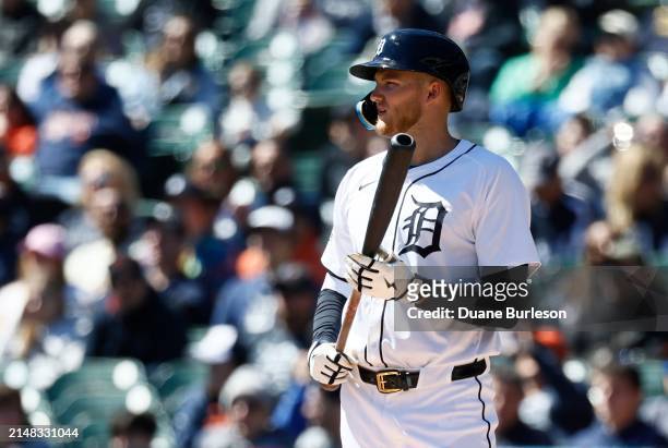 Parker Meadows of the Detroit Tigers during an at-bat against the Oakland Athletics during the first inning at Comerica Park on April 7, 2024 in...