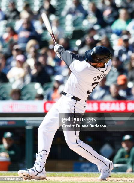 Riley Greene of the Detroit Tigers bats against the Oakland Athletics during the first inning at Comerica Park on April 7, 2024 in Detroit, Michigan.