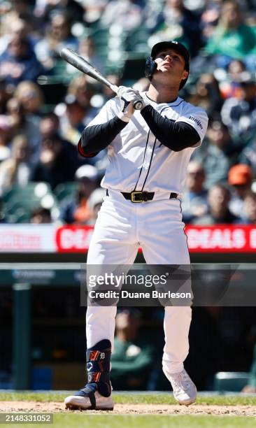 Colt Keith of the Detroit Tigers during an at-bat against the Oakland Athletics during the first inning at Comerica Park on April 7, 2024 in Detroit,...