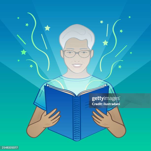 senior man reading magic book - middle aged man reading stock illustrations