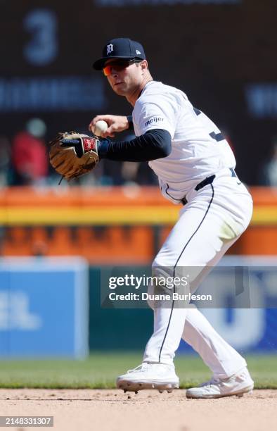 Second baseman Colt Keith of the Detroit Tigers throws out Abraham Toro of the Oakland Athletics at first base during the sixth inning at Comerica...