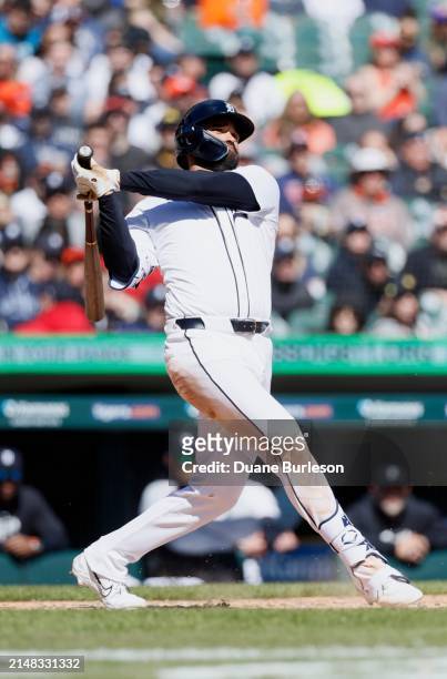 Riley Greene of the Detroit Tigers bats against the Oakland Athletics at Comerica Park on April 7, 2024 in Detroit, Michigan.