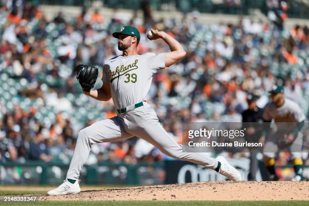 Kyle Muller of the Oakland Athletics pitches against the Detroit Tigers at Comerica Park on April 7, 2024 in Detroit, Michigan.