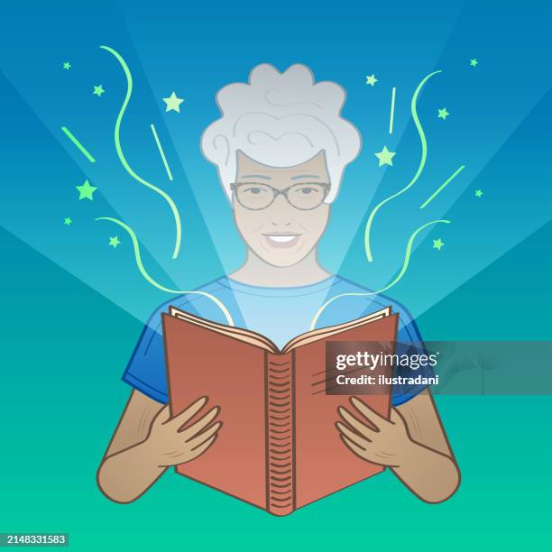 senior man with glasses reading magic book - senior reading stock illustrations