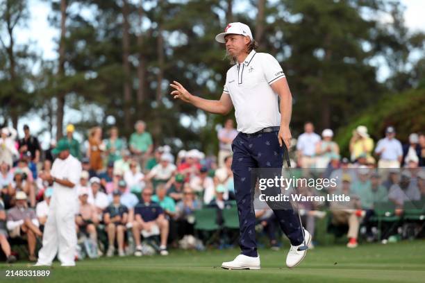 Cameron Smith of Australia reacts on the ninth green during the first round of the 2024 Masters Tournament at Augusta National Golf Club on April 11,...
