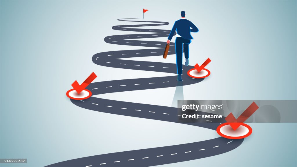 Determination and perseverance to meet challenges, milestones, step-by-step completion of tasks, business progress tracking and management, businessmen running around corners and reaching goals one by one