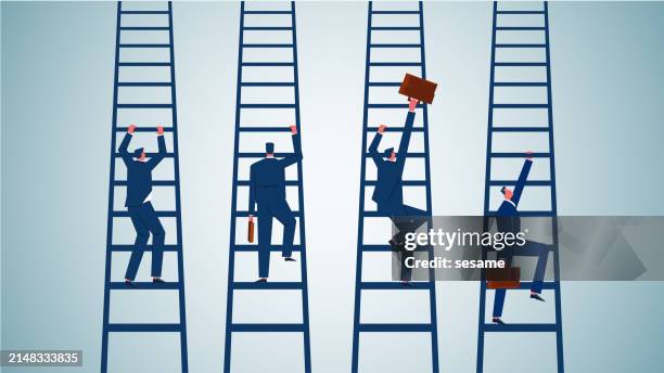 different choices different challenges, unknowns and challenges, ladders to success, determination and perseverance to succeed, four businessmen climbing the ladder - break through stock illustrations