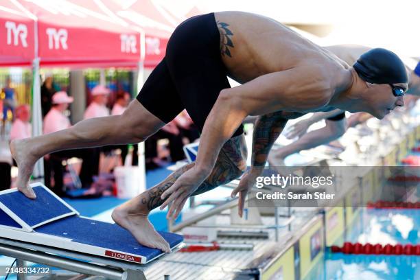 Caeleb Dressel competes in the Men's 100m Freestyle final on Day 2 of the TYR Pro Swim Series San Antonio at Northside Swim Center on April 11, 2024...