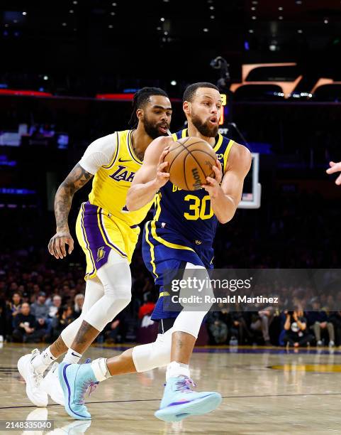 Stephen Curry of the Golden State Warriors at Crypto.com Arena on April 09, 2024 in Los Angeles, California. NOTE TO USER: User expressly...