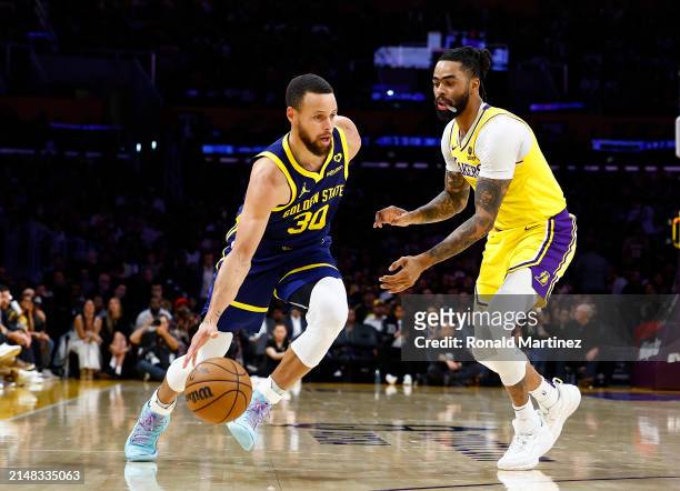 Stephen Curry of the Golden State Warriors at Crypto.com Arena on April 09, 2024 in Los Angeles, California. NOTE TO USER: User expressly...