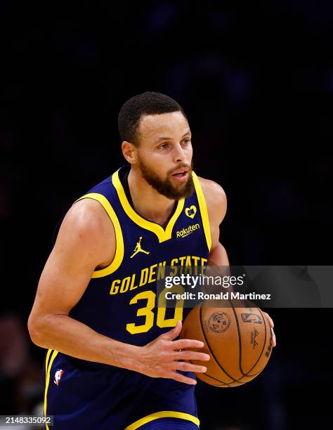 Stephen Curry of the Golden State Warriors at Crypto.com Arena on April 09, 2024 in Los Angeles, California. NOTE TO USER: User expressly...