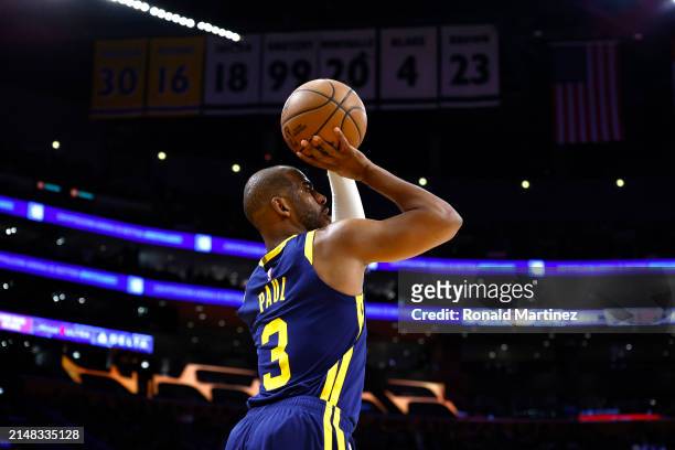Chris Paul of the Golden State Warriors at Crypto.com Arena on April 09, 2024 in Los Angeles, California. NOTE TO USER: User expressly acknowledges...