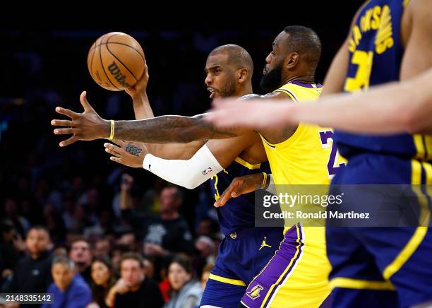 Chris Paul of the Golden State Warriors at Crypto.com Arena on April 09, 2024 in Los Angeles, California. NOTE TO USER: User expressly acknowledges...