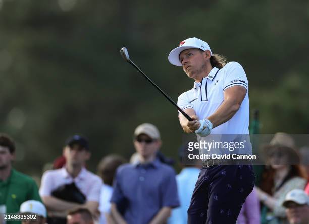 Cameron Smith of Australia plays his third shot on the 17th hole during the first round of the 2024 Masters Tournament at Augusta National Golf Club...