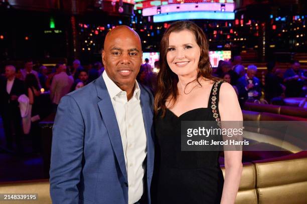 Kevin Frazier and Geena Davis attend the CinemaCon Big Screen Achievement Awards brought to you by The Coca-Cola Company at Omnia Nightclub at...