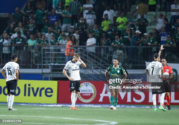 Players of Palmeiras and of Liverpool react after a Group F match between Palmeiras and Liverpool as part of Copa CONMEBOL Libertadores 2024 at...