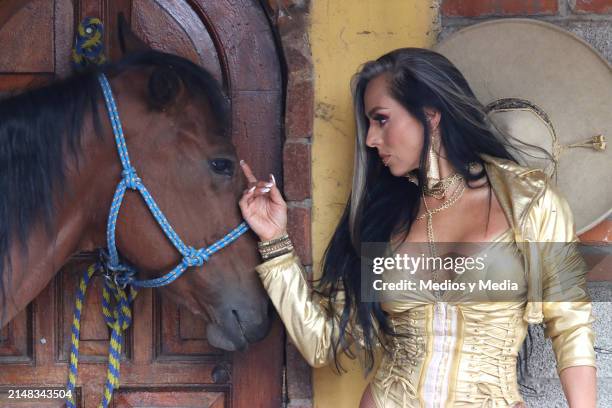 Ivonne Montero is seen on set for the video shoot of her song 'Adiós es un tumbado' at Lienzo Charro del Peñon on April 11, 2024 in Mexico City,...