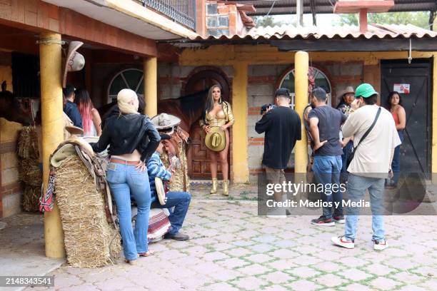 Ivonne Montero is seen on set for the video shoot of her song 'Adiós es un tumbado' at Lienzo Charro del Peñon on April 11, 2024 in Mexico City,...