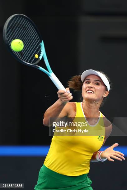 Arina Rodionova of Australia plays a forehand in her match against Giuliana Olmos of Mexico during the Billie Jean King Cup Qualifier tie between...