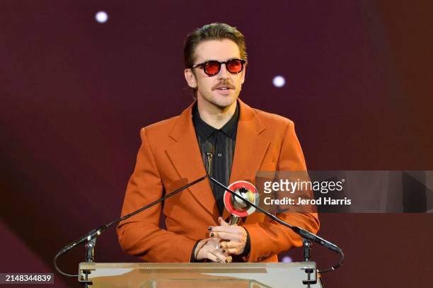 Dan Stevens, recipient of the Award of Excellence in Acting, speaks onstage during the CinemaCon Big Screen Achievement Awards brought to you by The...