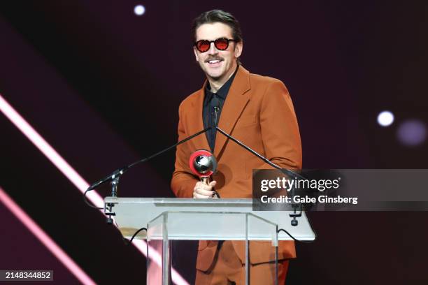 Dan Stevens, recipient of the Award of Excellence in Acting, speaks onstage during the CinemaCon Big Screen Achievement Awards at The Colosseum at...