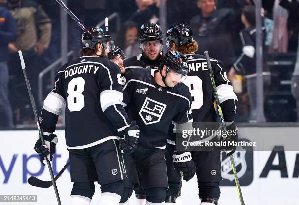 Kevin Fiala of the Los Angeles Kings celebrates a goal against the Calgary Flames in the first period at Crypto.com Arena on April 11, 2024 in Los...