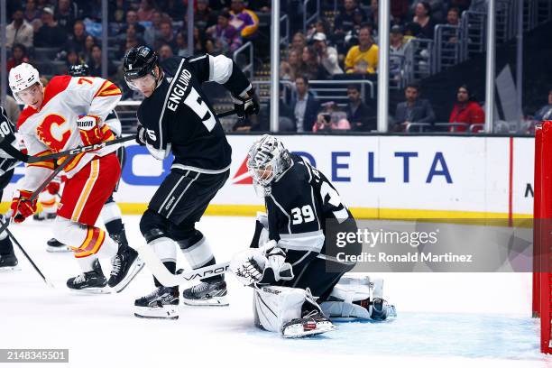 Cam Talbot of the Los Angeles Kings in goal against the Calgary Flames in the first period at Crypto.com Arena on April 11, 2024 in Los Angeles,...