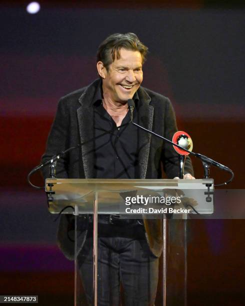 Dennis Quaid, recipient of the Cinema Icon Award, speaks onstage during the CinemaCon Big Screen Achievement Awards at The Colosseum at Caesars...